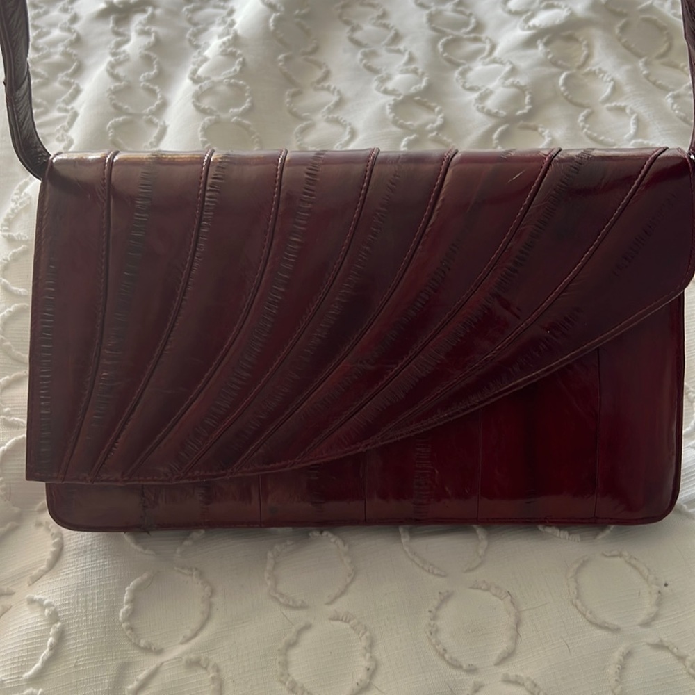Vintage 70s RARE Eel Skin Leather Maroon Shoulder Bag Purse - Picture 6 of 7